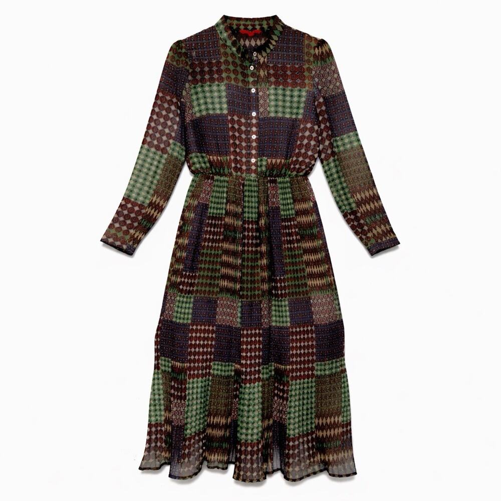 ModCloth Patchwork Print Sheer Pleats Maxi Dress Long Sleeve S 70s Inspired Boho